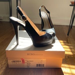BCBG Generation Black Satin Platform Stiletto Pump